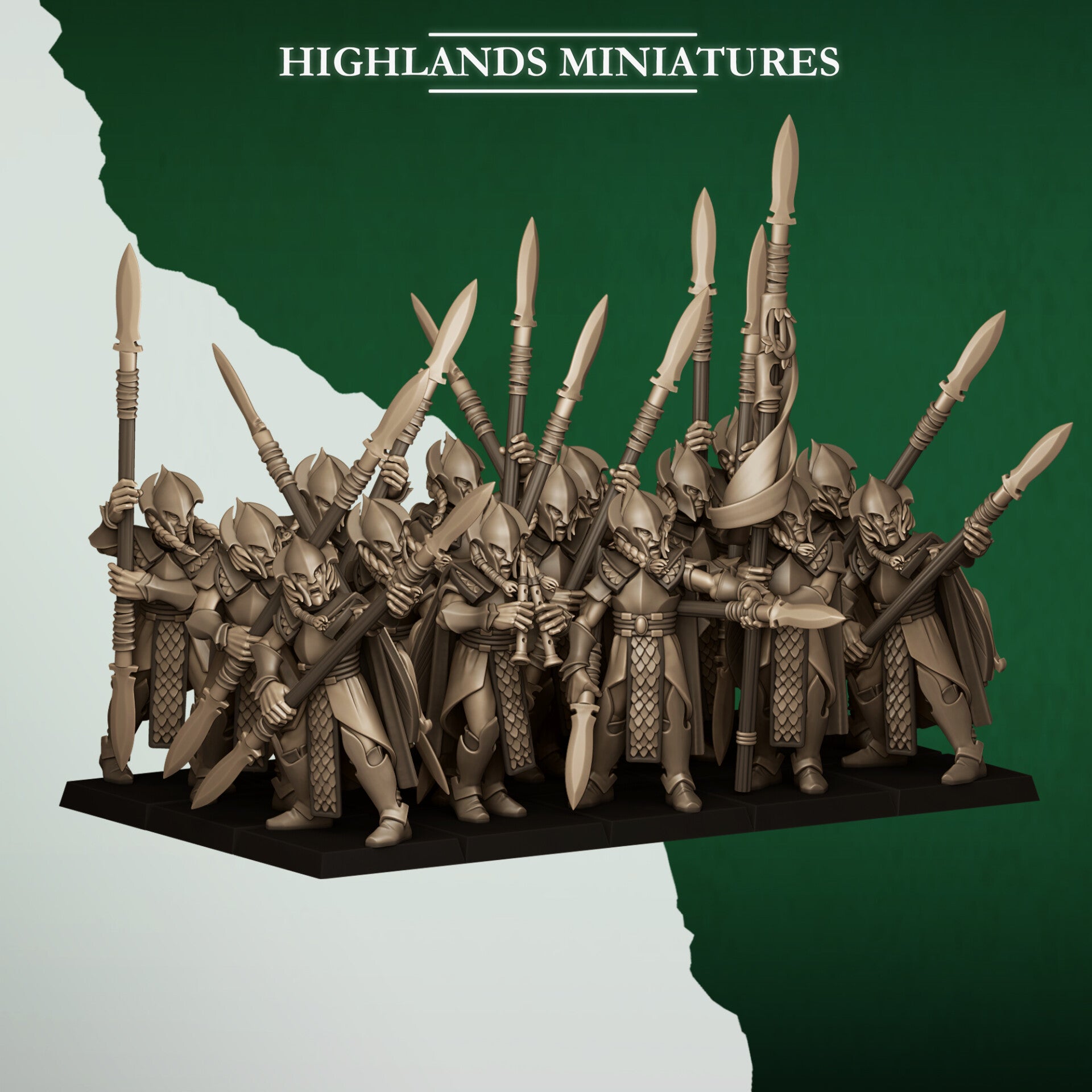 Feral Elves - 10x Feral Spearmen with command group - By Highlands Miniatures
