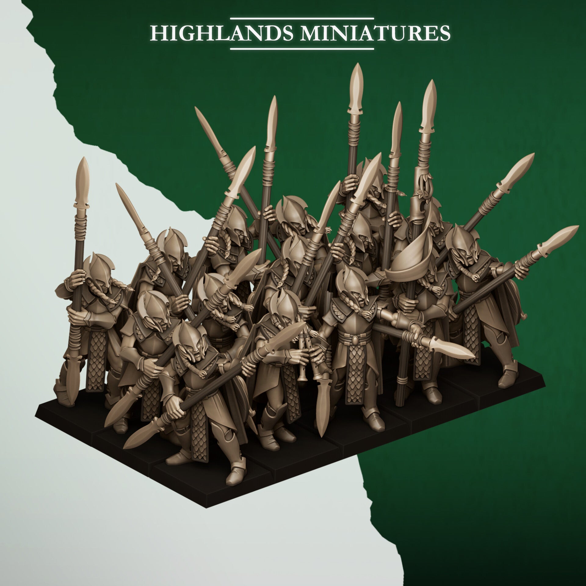 Feral Elves - 20x Feral Spearmen with command group - By Highlands Miniatures