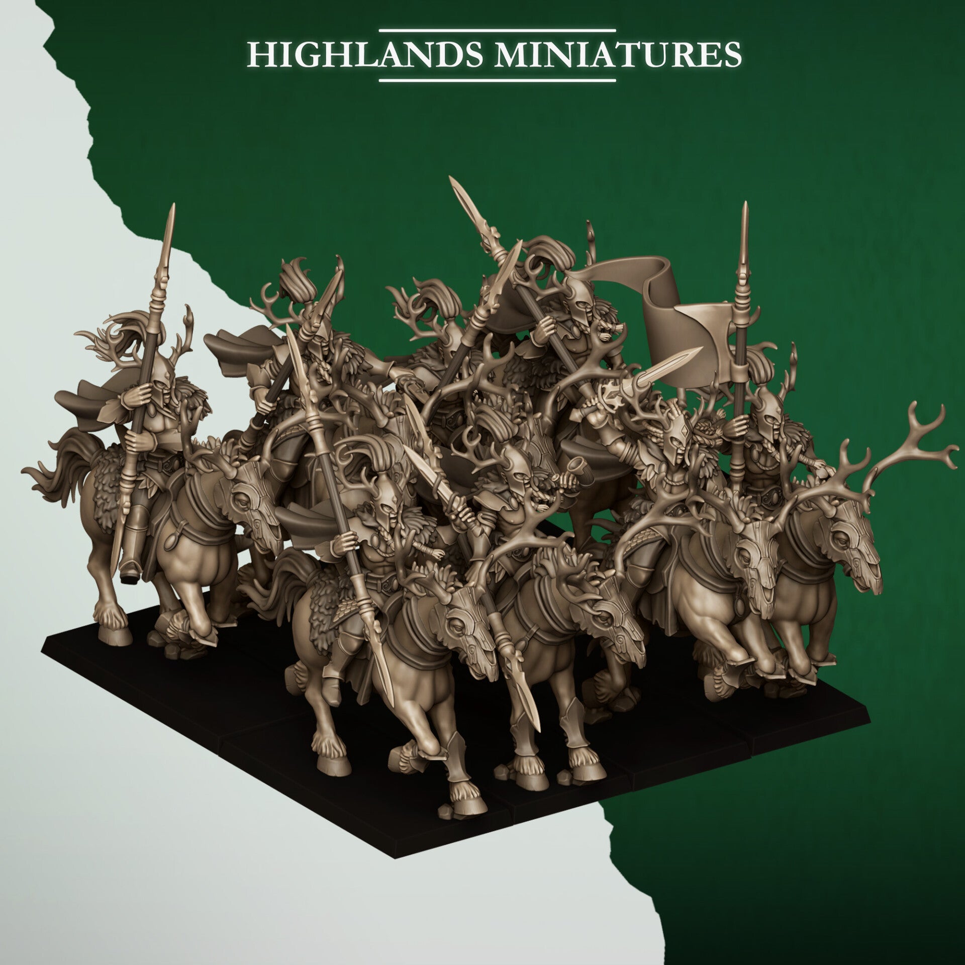 Feral Elves - 10x Forest Riders with Command group - By Highlands Miniatures
