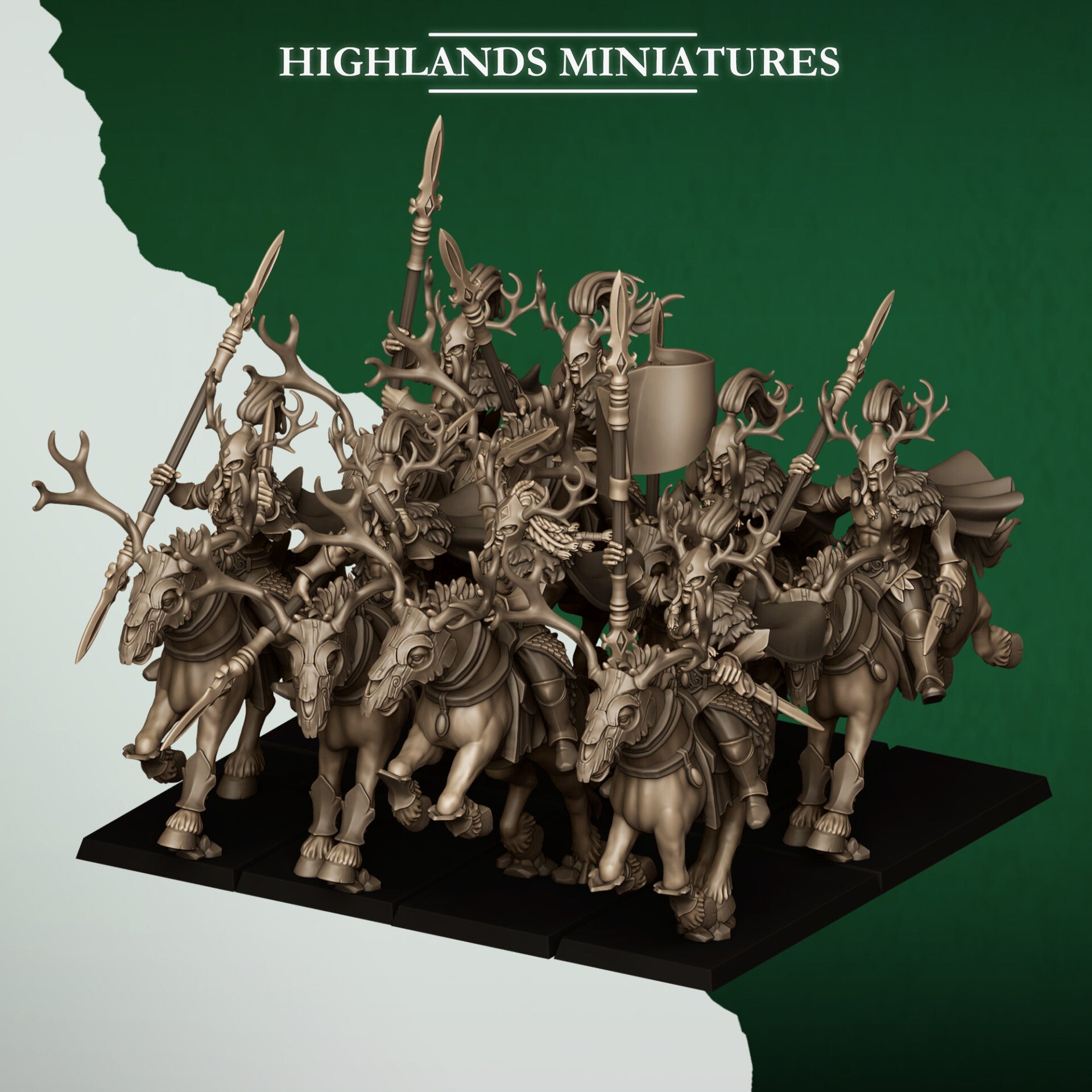 Feral Elves - 5x Forest Riders with Command group - By Highlands Miniatures