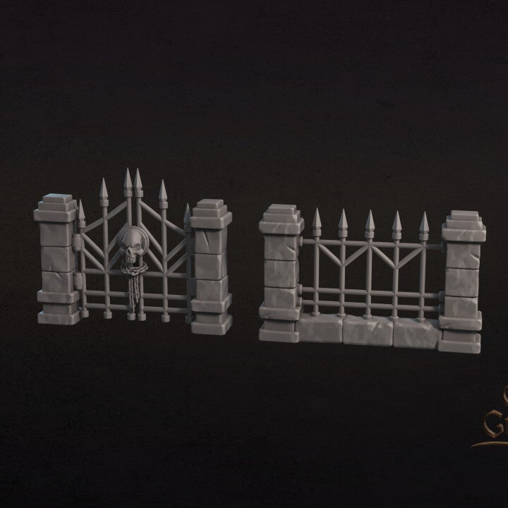 Cemetery Gate and 4x Fence - 32mm Scenery - by Great Grimoire