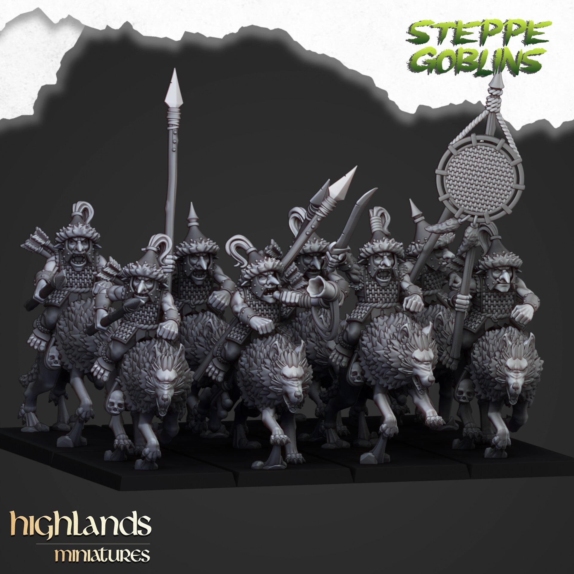 Steppe Goblins - Mounted Steppe Goblins with Spear Full Regiment 10x - By Highlands Miniatures