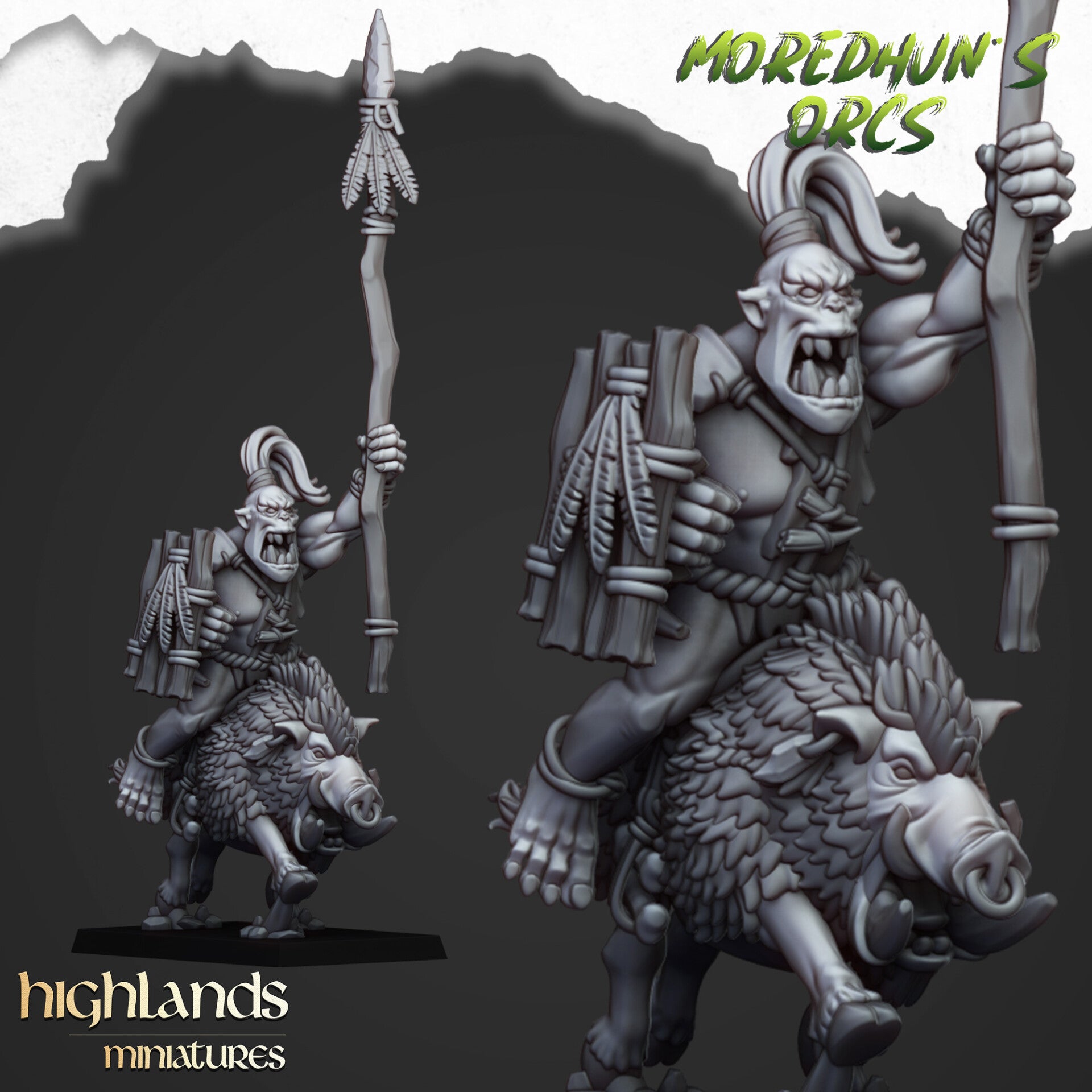 Moredhun's Orcs - Mounted Cave Orcs with spear and shield 5x - By Highlands Miniatures