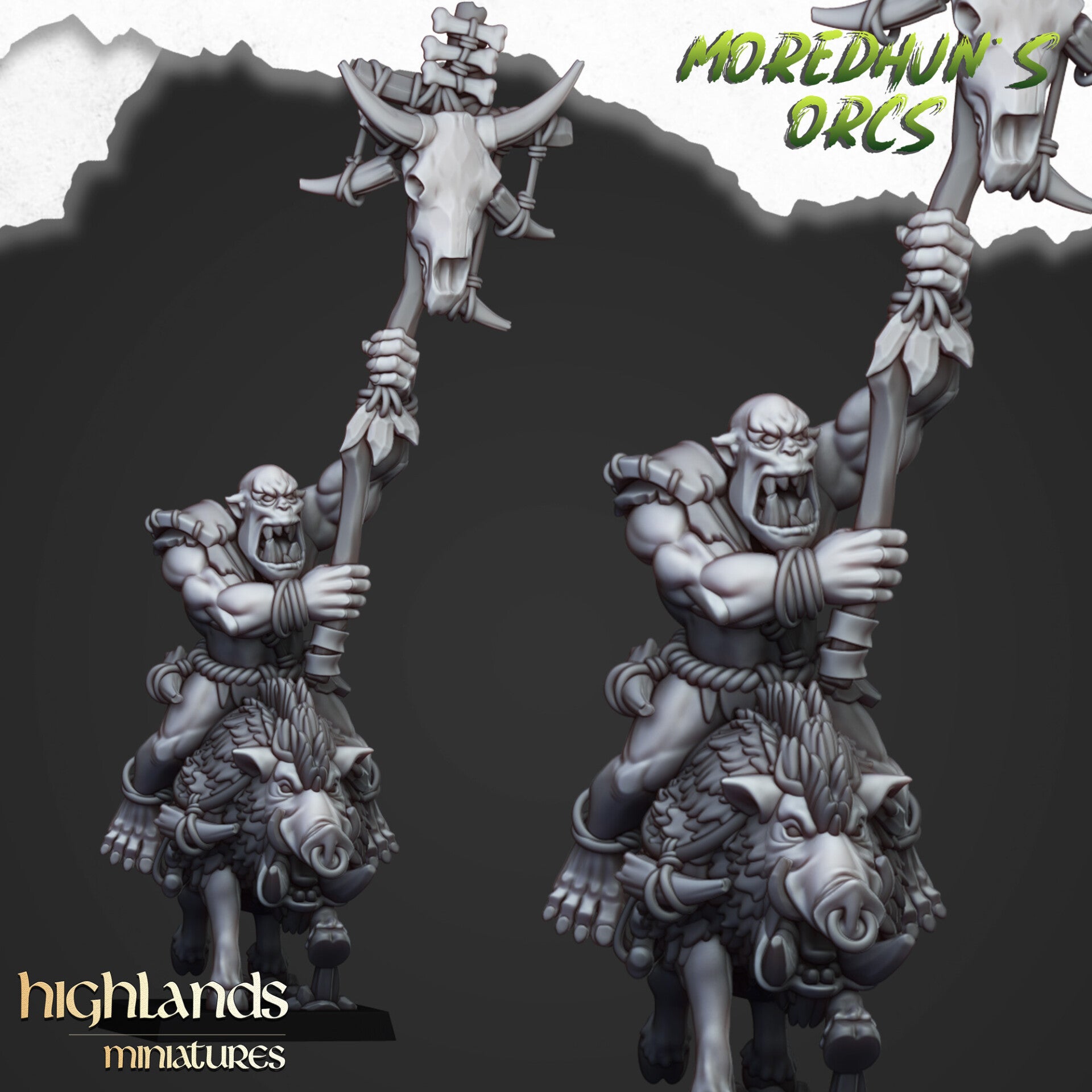 Moredhun's Orcs - Mounted Cave Orc Command 3x - By Highlands Miniatures