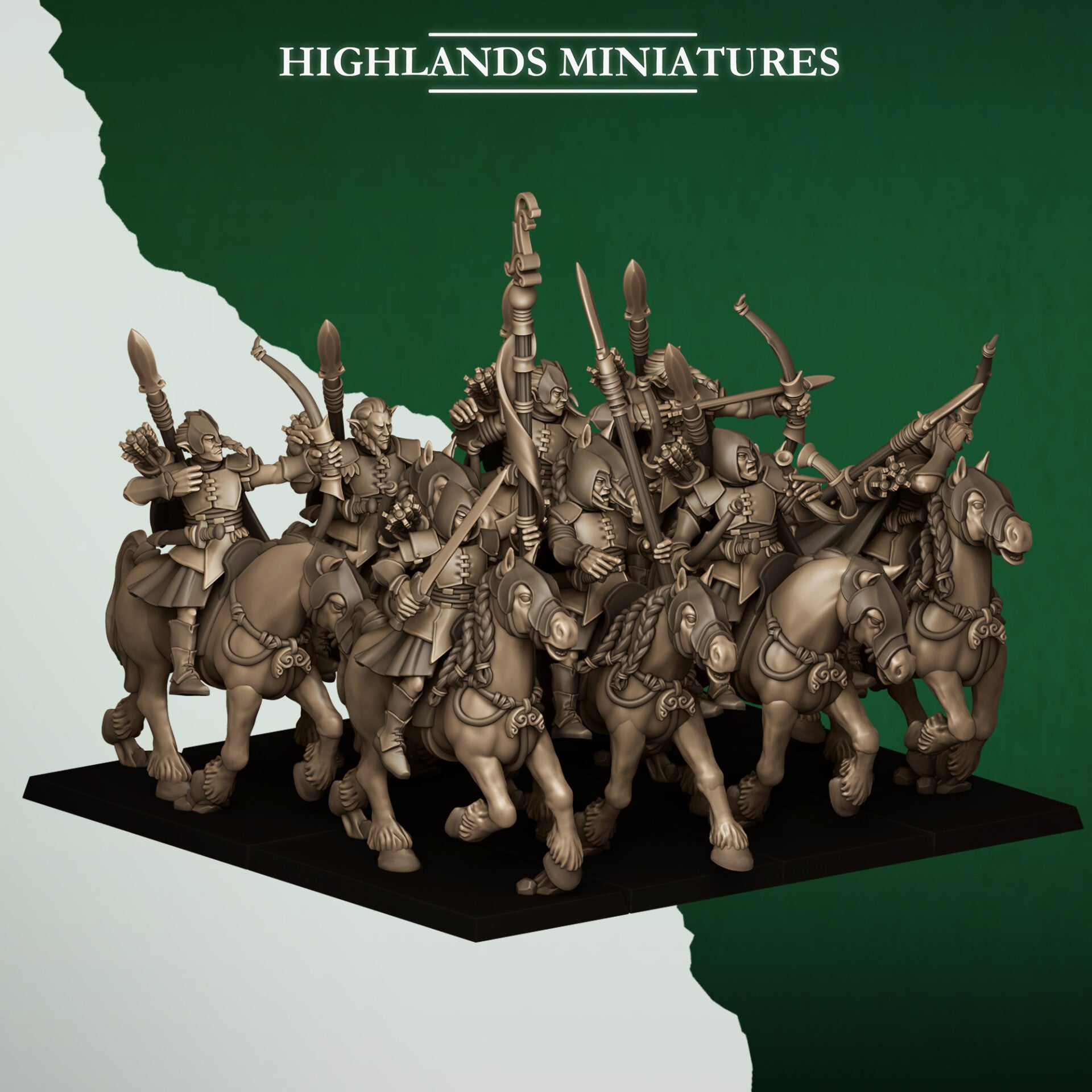Feral Elves - 5x Mounted Feral Archers with Command group - By Highlands Miniatures