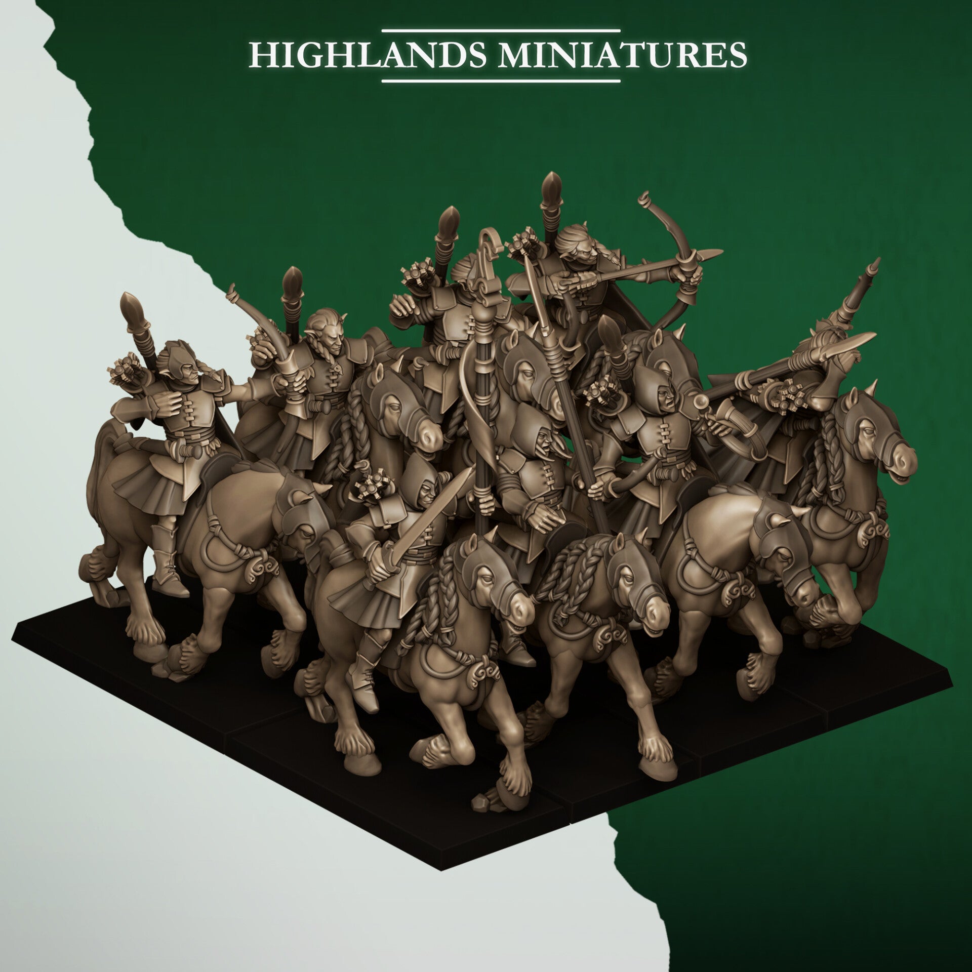 Feral Elves - 10x Mounted Feral Archers with Command group - By Highlands Miniatures