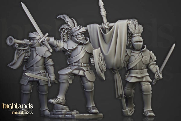 Sunland - Sunland Knights on Foot Command 3x - By Highlands Miniatures