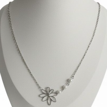 Stainless steel zilveren ketting | Bloemhanger & parels