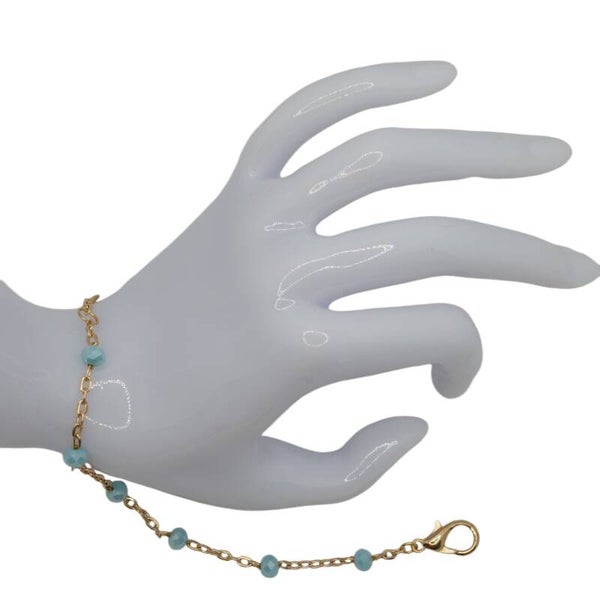 Schakelarmband goudkleurig met blauwe glaskralen