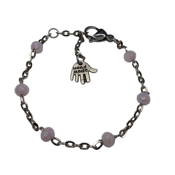 Schakelarmband zilverkleurig met roze glaskralen