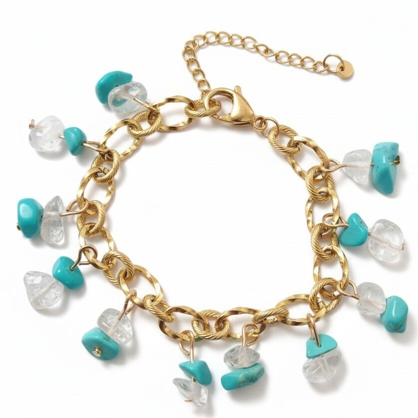 Stainless steel gouden armband met natuurstenen | Turquoise en wit