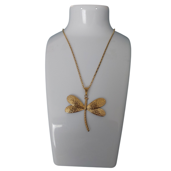 Stainless steel gouden statement ketting met grote libelle hanger