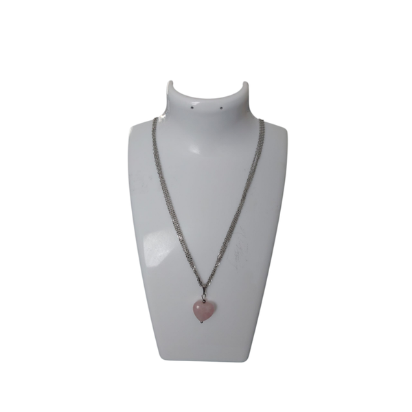3-lagen stainless steel ketting zilverkleurig met roze natuurstenen hart hanger