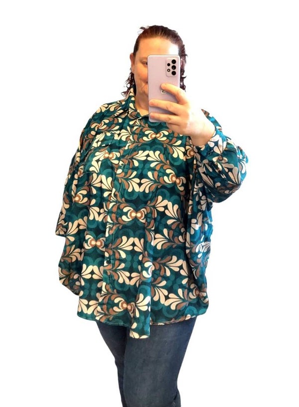Vleermuisblouse met print, petrol