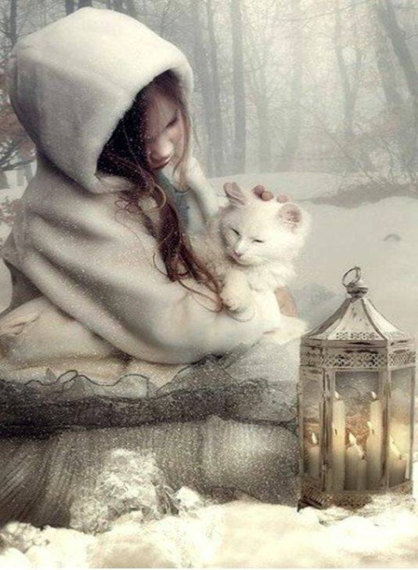 Nostalgisch foto en tekstbordje no. 377 (4 stuks) wintermeisje lantaarn