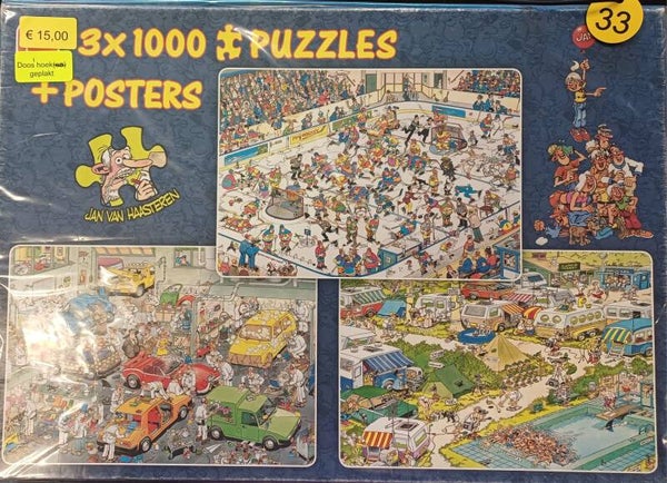 ( 33 doos ) IJshockey/ Autospuiterij/ Camping chaos 3x 1000 stukjes