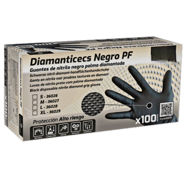 GUANTES DE NITRILO DIAMANTADOS NEGROS 100 UNIDADES