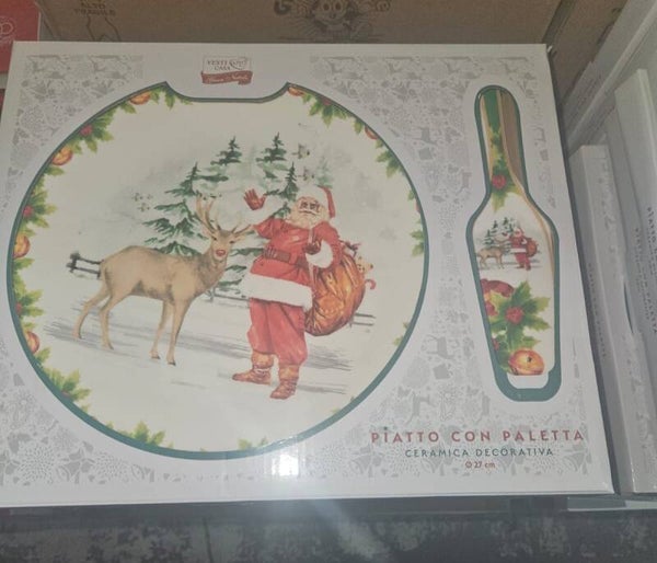 Piatto Panettone Con Paletta Santa Claus In Porcellana 27 Cm