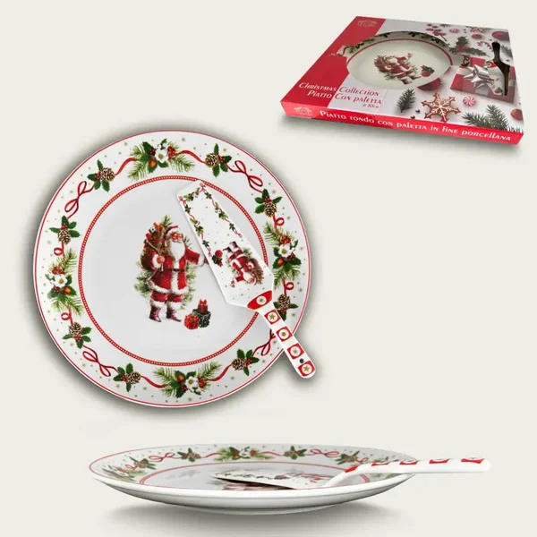 Piatto Panettone Con Paletta Santa Claus In Porcellana 30 Cm