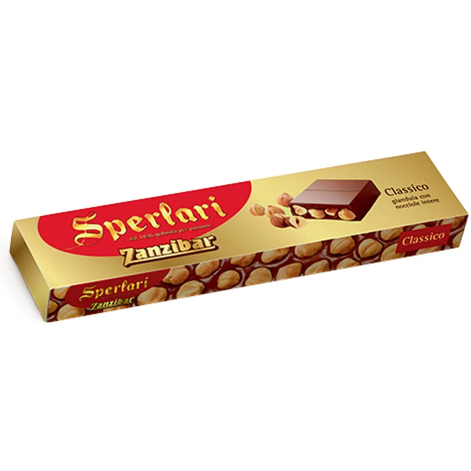 Sperlari Zanzibar Classico – Gianduia-Schokolade mit ganzen Haselnüssen hochgeladen! Ein echter Klassiker der italienischen Confiserie – reich, cremig, mit intensivem Nougatgeschmack und ganzen, gerösteten Haselnüs