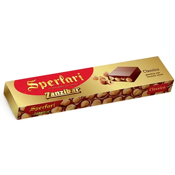 Sperlari Zanzibar Classico – Gianduia-Schokolade mit ganzen Haselnüssen hochgeladen! Ein echter Klassiker der italienischen Confiserie – reich, cremig, mit intensivem Nougatgeschmack und ganzen, gerösteten Haselnüs