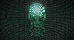 A digital, wireframe human head composed of green lines, featuring glowing eyes and a brain area filled with bright light points, set against a dark background of scrolling binary code.