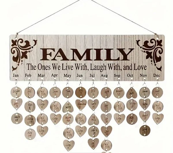 Wooden Hanging Family Calendar with 100 Hanging pendants & 4 coloured pens