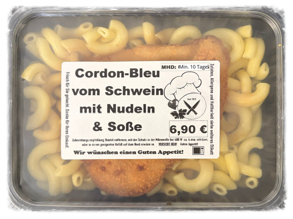 Cordon Bleu vom Schwein mit Nudeln und Bratensoße