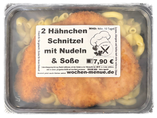 2 Hähnchenschnitzel mit Nudeln und Bratensoße