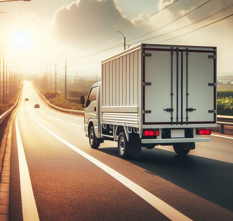 áruszállító teherautó napfényes úton halad