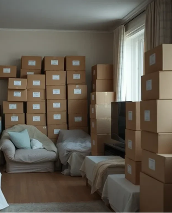 Nappali szoba költöztetés előtt bútorokkal és összekészített, felcimkézett dobozokkal
