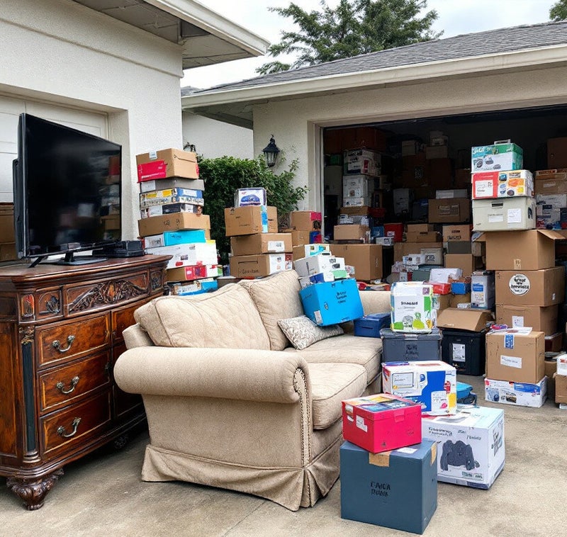 ház elé kipakolt bútorok és költözködő dobozok