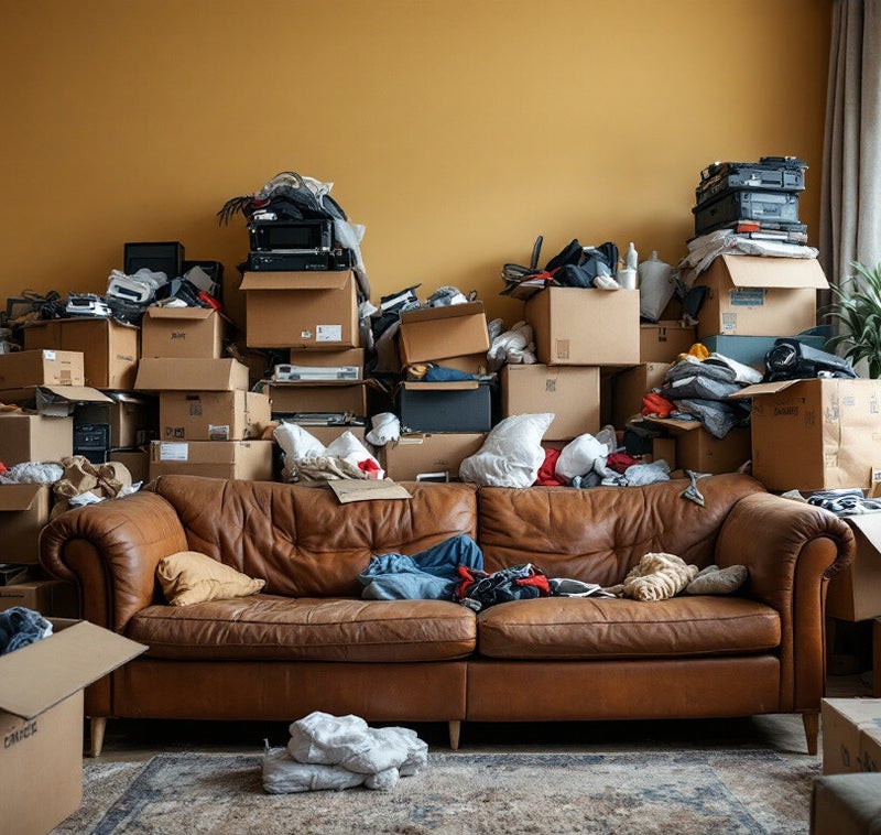 költöztetéshez összekészített dobozok és használati tárgyak egy kanapé körül