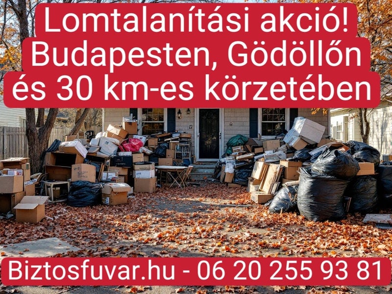 ház elé kipakolt régi bútorok és lomok, ősszel, hulló falevelekkel