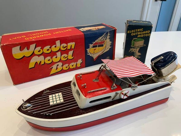 Wooden Model Boat with Outboard Motor