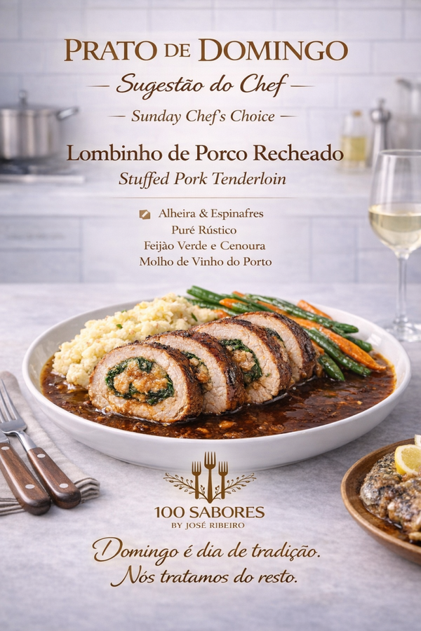 Medalhões de Lombinho Recheados com Alheira & Espinafres Puré rustico e Legumes Salteados | Redução de Vinho do Porto