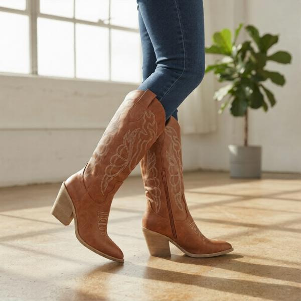 Westernboots met contrastborduursel in leder-look
