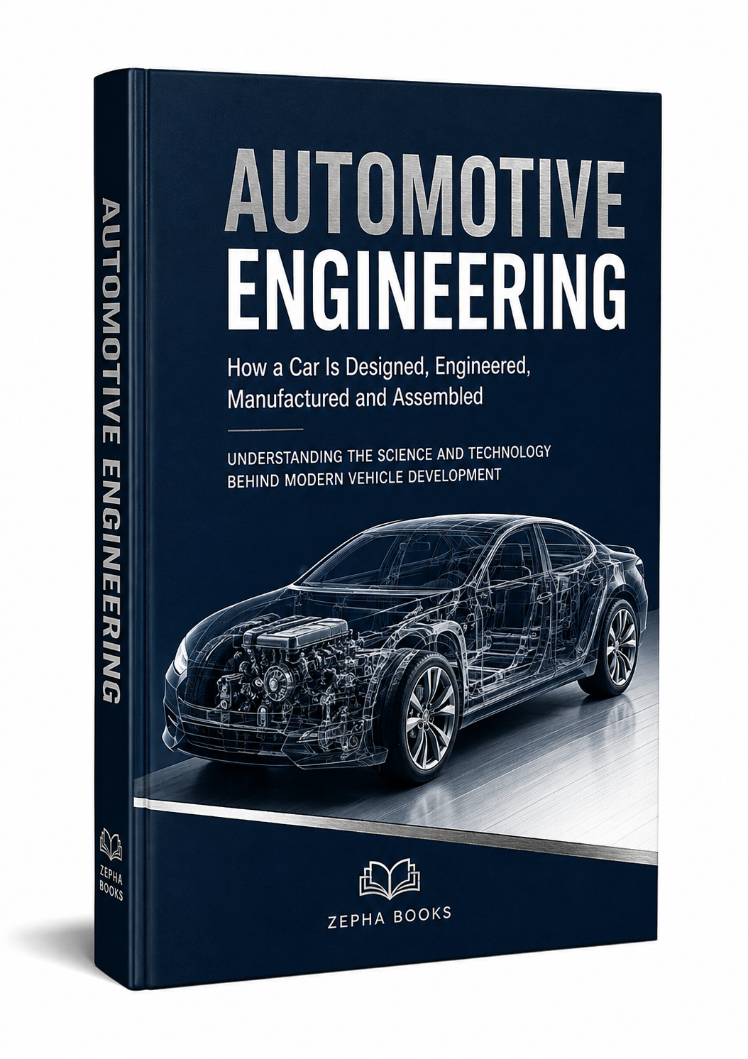 Automotive Engineering book cover showing a technical cutaway car design in deep navy blue and silver, published by Zepha Books.