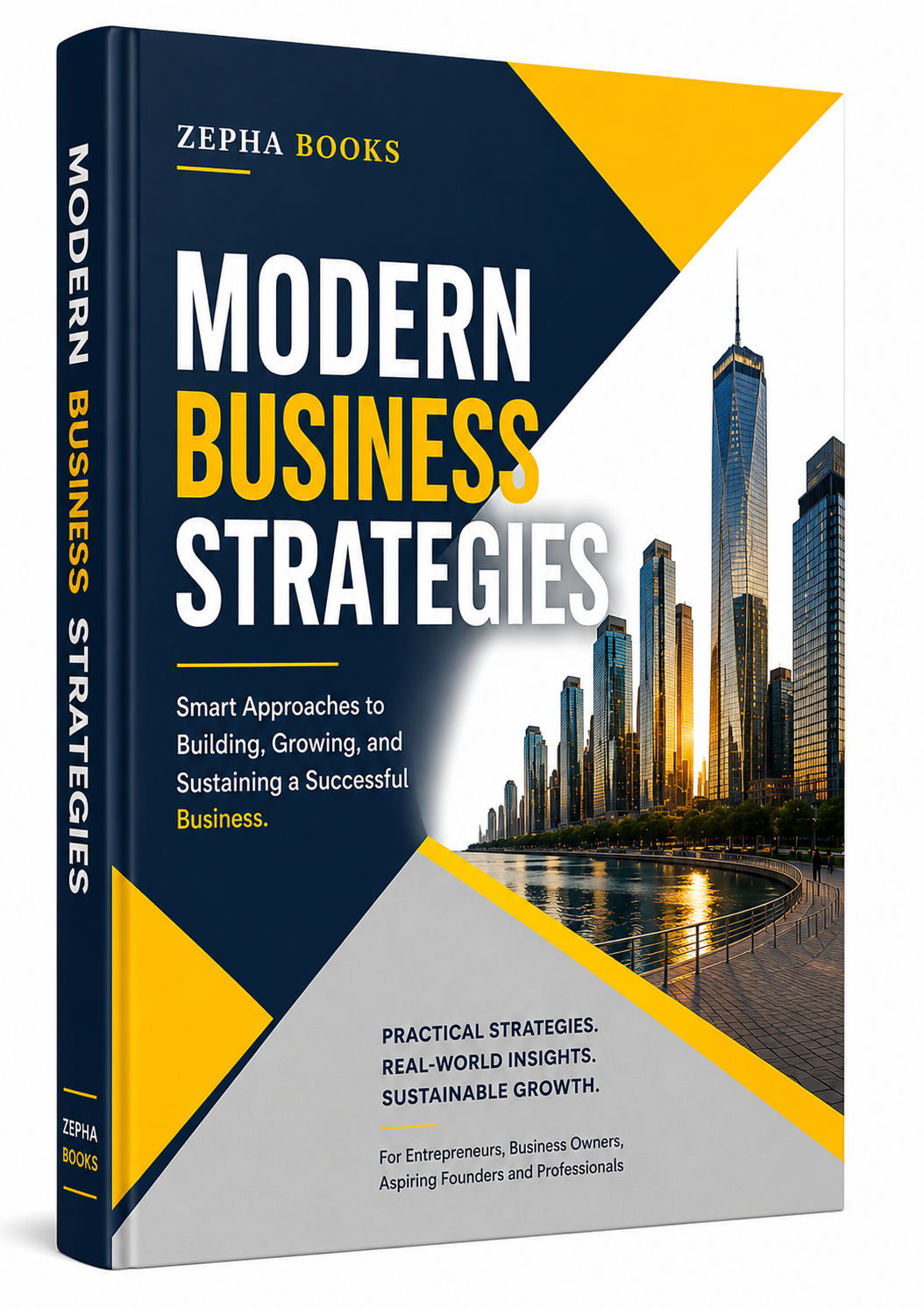 Premium A5 book cover for Modern Business Strategies by Zepha Books, featuring a clean navy, yellow, white, and gray design with a modern city skyline, bold typography, and a professional business-focused layout.