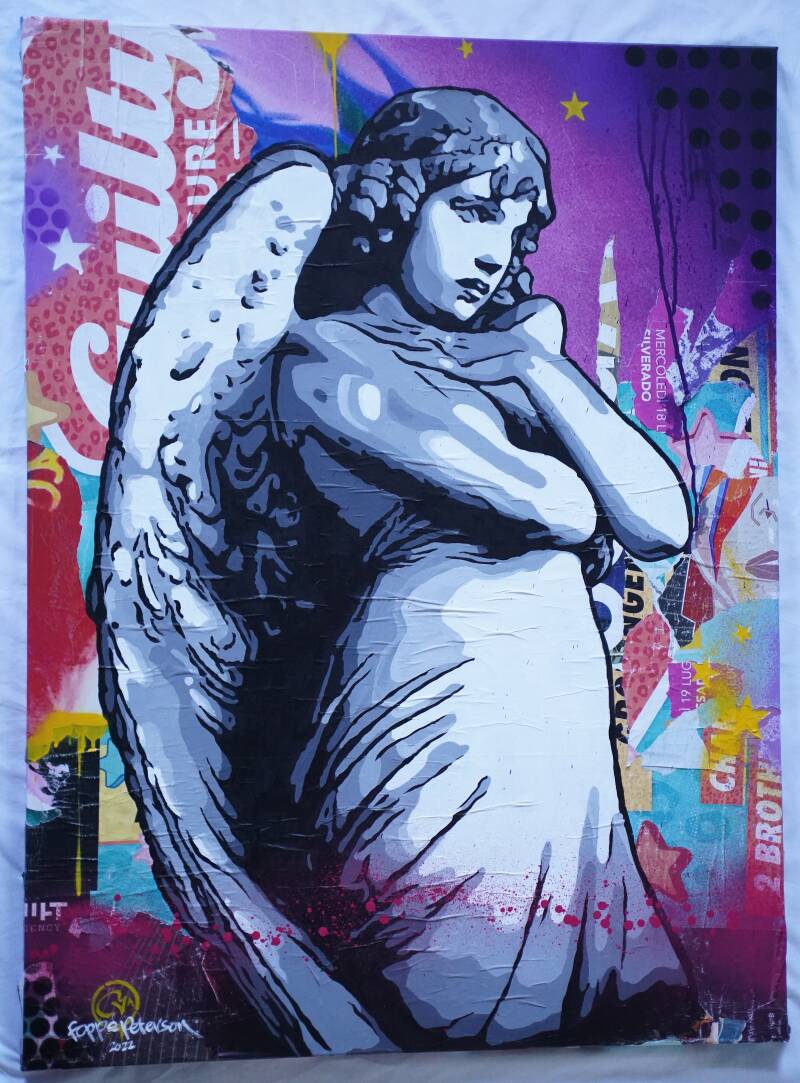 Guilty Pleasure 2022 Mixed Media op hergebruikte canvas 90x120x3cm € 650,-