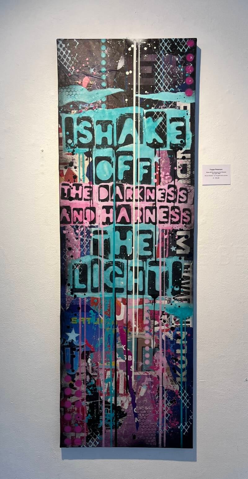 "Shake Of The Darkness And Harness The Light" 2026, 50x150x3cm Mixed Media op hergebruikt canvas.