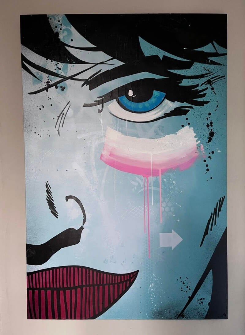 "Need To Feel Loved" 2024, 100x150cm, Mixed Media op Hergebruikt Canvas in zwarte baklijst.