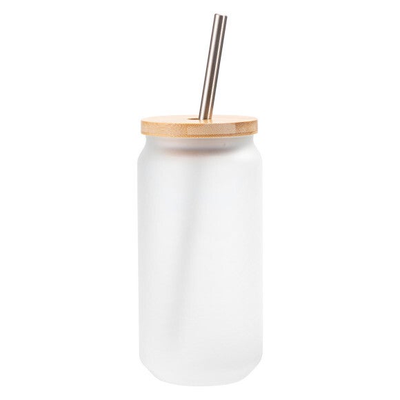 Glasbecher mit Bambusdeckel und Trinkhalm