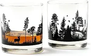 Black Lantern Forest Animal Whiskey Glass Set of 2 – 11oz Old Fashioned Rocks Glasses for Men | Wildlife & Nature Themed Barware for Bourbon, Scotch & Cocktails | Dishwasher Safe Gift Ready