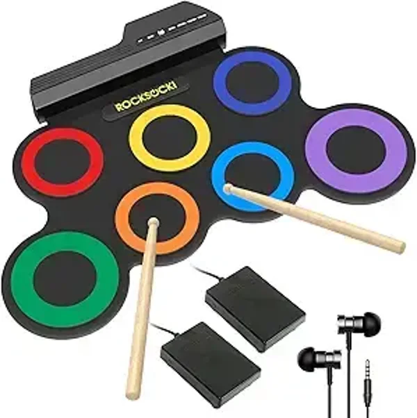 ROCKSOCKI Electric Drum Set, 7-Pad Kids Electronic Drum Set with Headphone Included, Roll-up Drum Practice Pad, Great Holiday Xmas Birthday Gift for Kids