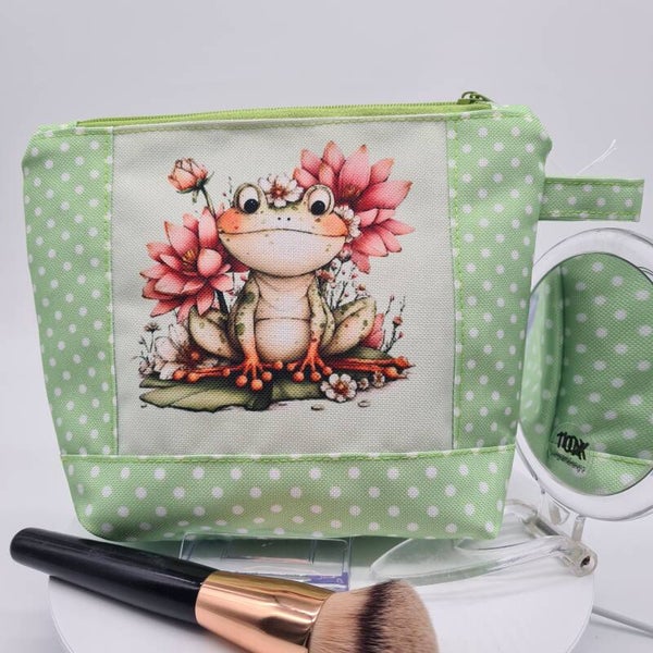 Kosmetiktasche Frosch Seerosen grün – Make up Tasche wasserabweisend, Beauty Bag stabil, Geschenk Frau, Organizer