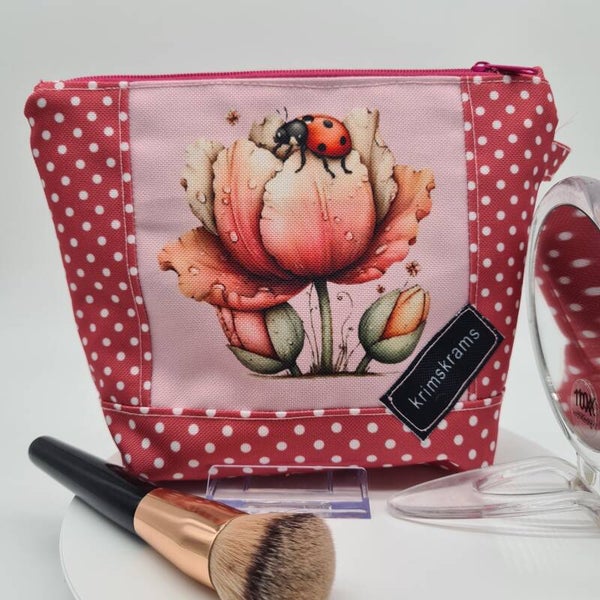 Kosmetiktasche Tulpen Marienkäfer lachs – Make up Tasche wasserabweisend, Beauty Bag stabil, Geschenk Frau