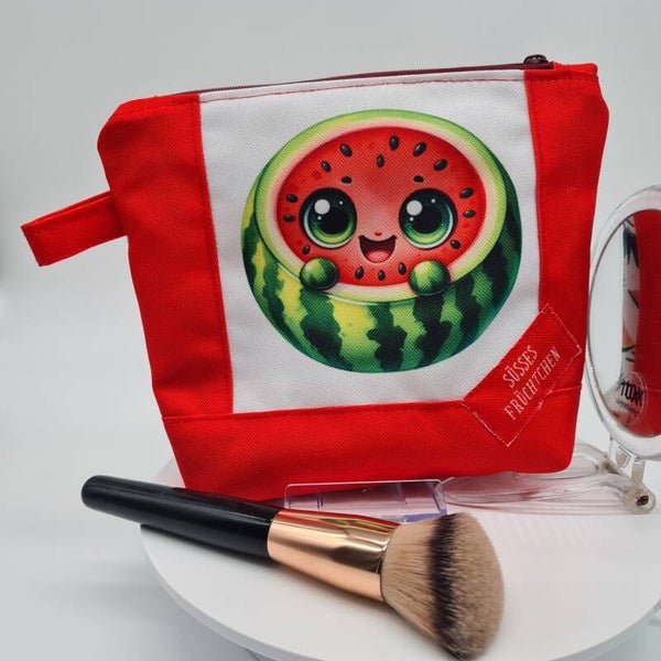 Kosmetiktasche Melone süß | Schminktasche grün rot | Kulturbeutel handmade | Make-up Tasche mit Comic Frucht Motiv