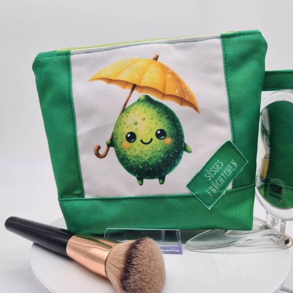 Kosmetiktasche Limette Sommer | Schminktasche grün | Kulturbeutel handmade | Make-up Tasche mit Sonnenschirm Motiv