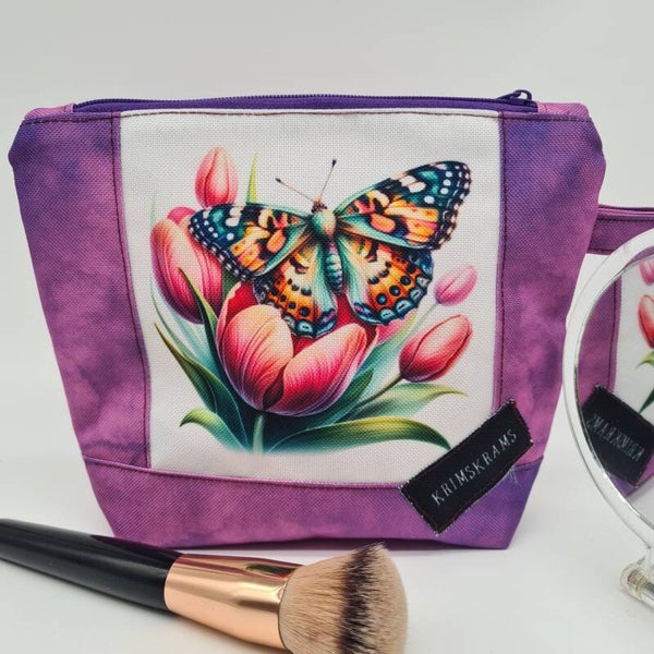 Kosmetiktasche Schmetterling Tulpen | Schminktasche violett | Kulturbeutel handmade | Make-up Tasche floral romantisch